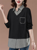 Women's Loose Cotton Contrast Color Patchwork Long Sleeve Shirts