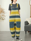 Women's Contrast Color Overall Denim Cropped Jumpsuits