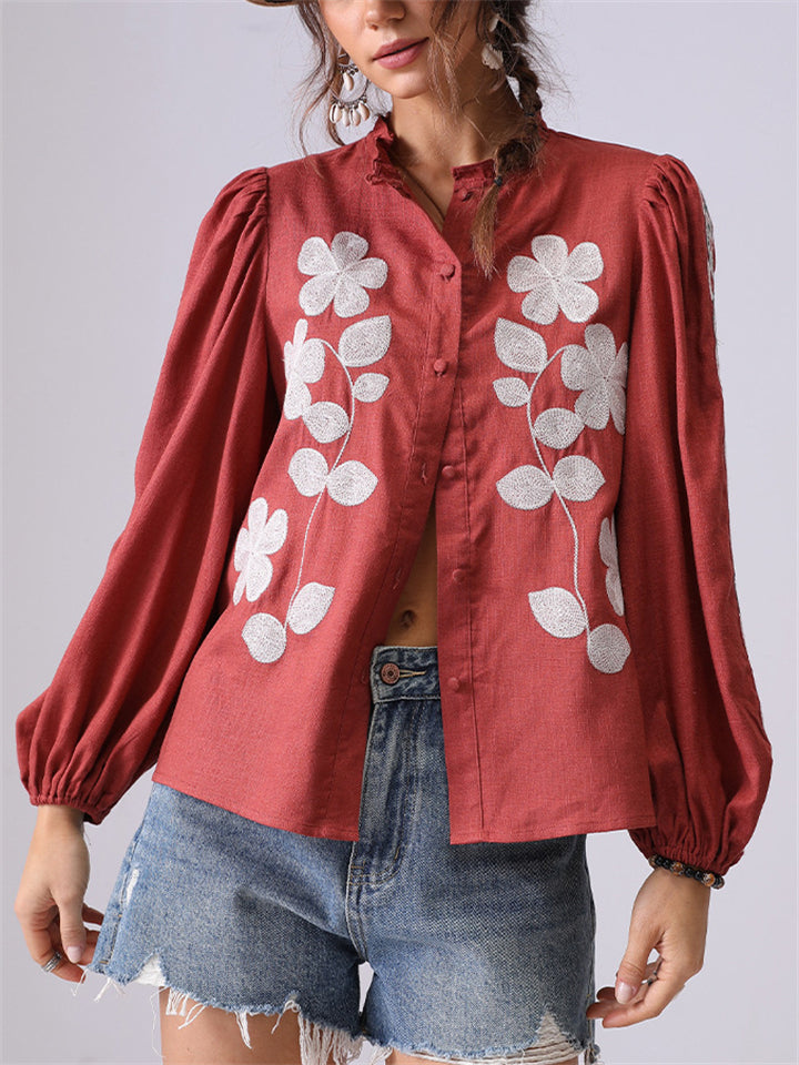 Women's French Style Embroidery Puffed Sleeve Shirt