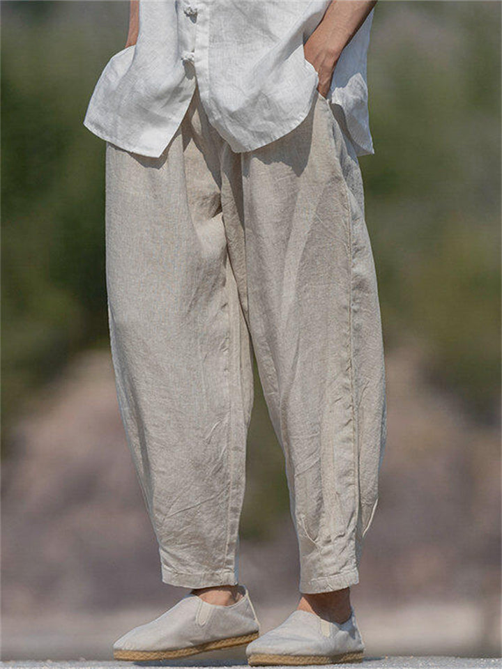 Men's Solid Color Linen Wide Leg Cropped Pants