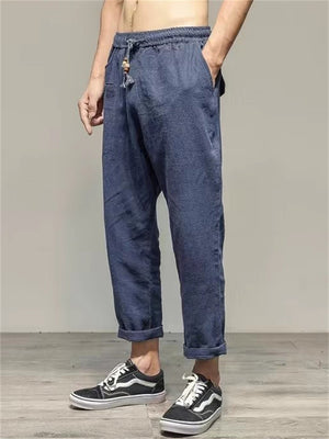 Men's Retro Ramine Solid Color Drawstring Straight Cropped Pants