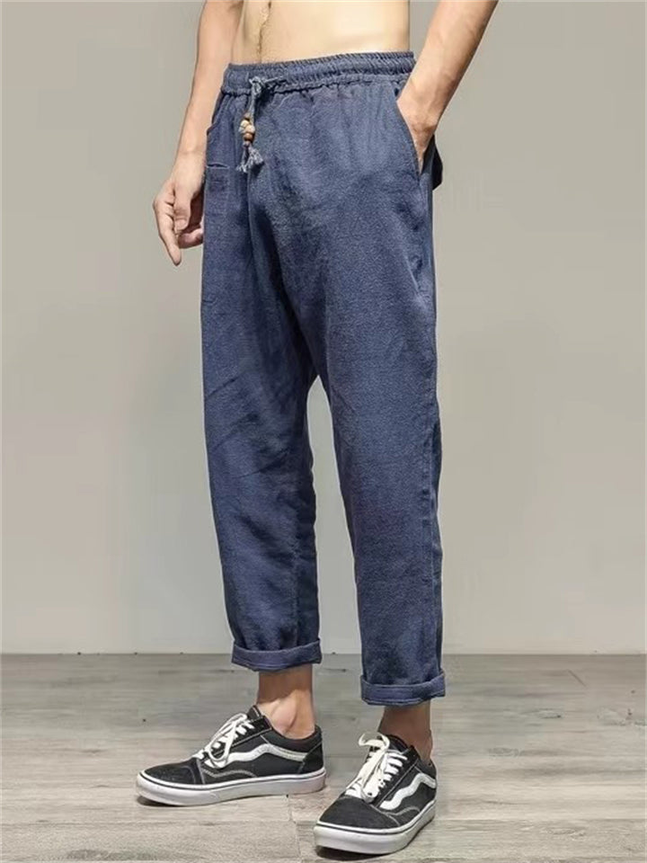 Men's Retro Ramine Solid Color Drawstring Straight Cropped Pants