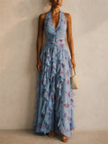 Women Floral Halter Backless Ruffle Gown Maxi Dress