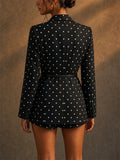 Womens Black Polka Dot Belted Blazer Slim Fit Suit Jacket