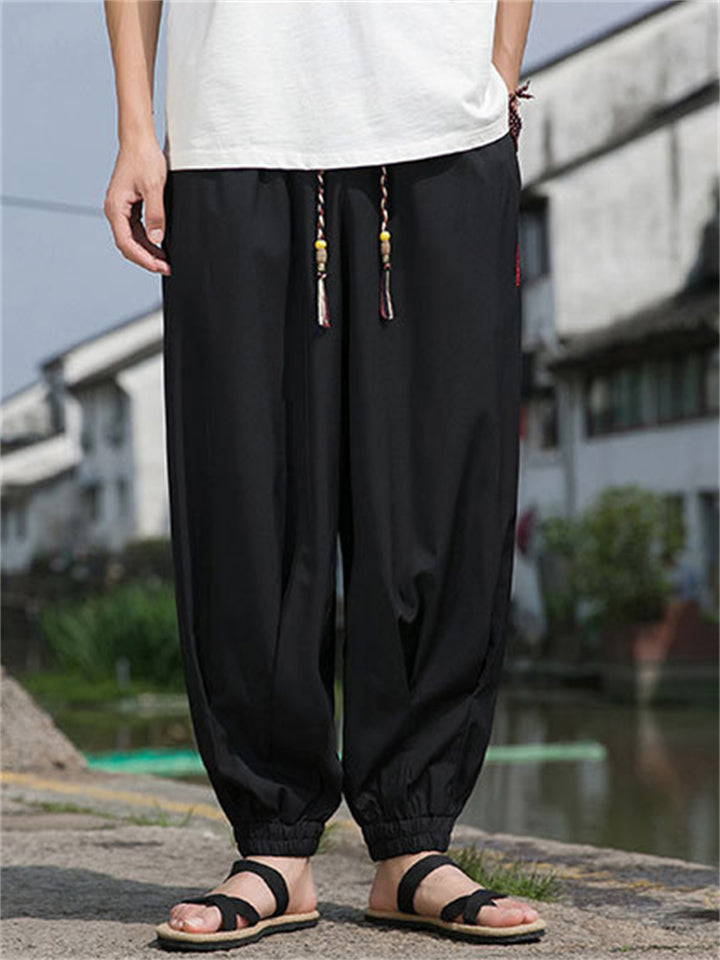 Men's Black Hanzi Embroidered Ice Silk Bloomers Summer Pants