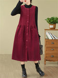 Women's Solid Color Round Neck Pockets Corduroy Vest Dress