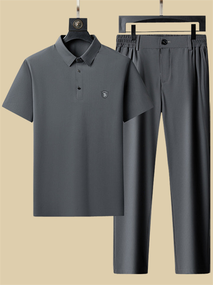 Men's 2Pcs Summer Cool Lapel Short Sleeve Solid Color Outfits