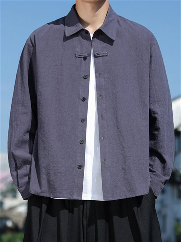 Chinese Style Solid Color Lapel Long Sleeve Shirts for Men