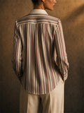 Women Vertical Striped Button Down Long Sleeve Work Blouse