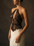 Women Lace Halter Satin Backless Evening Party Maxi Dress