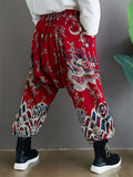 Thicken Men's Chinese Loong Print Elastic Waist Drop Crotch Pants