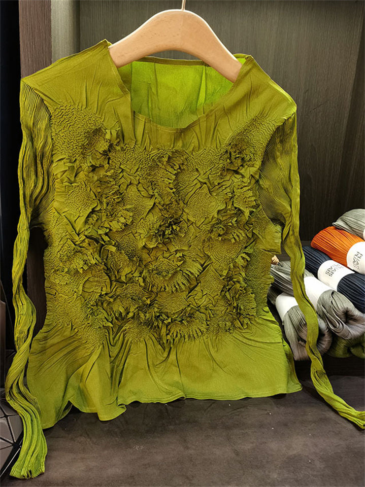 W‌omen's Autumn One Size Textured Ruffled Pleats Long Sleeve Shirts