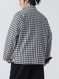 Men's Chinese Style Stand Collar Long Sleeve Linen Plaid Shirt