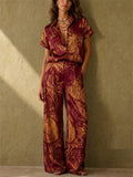 Women Boho Holiday Paisley Short Sleeve Wide Leg 2 Piece Set