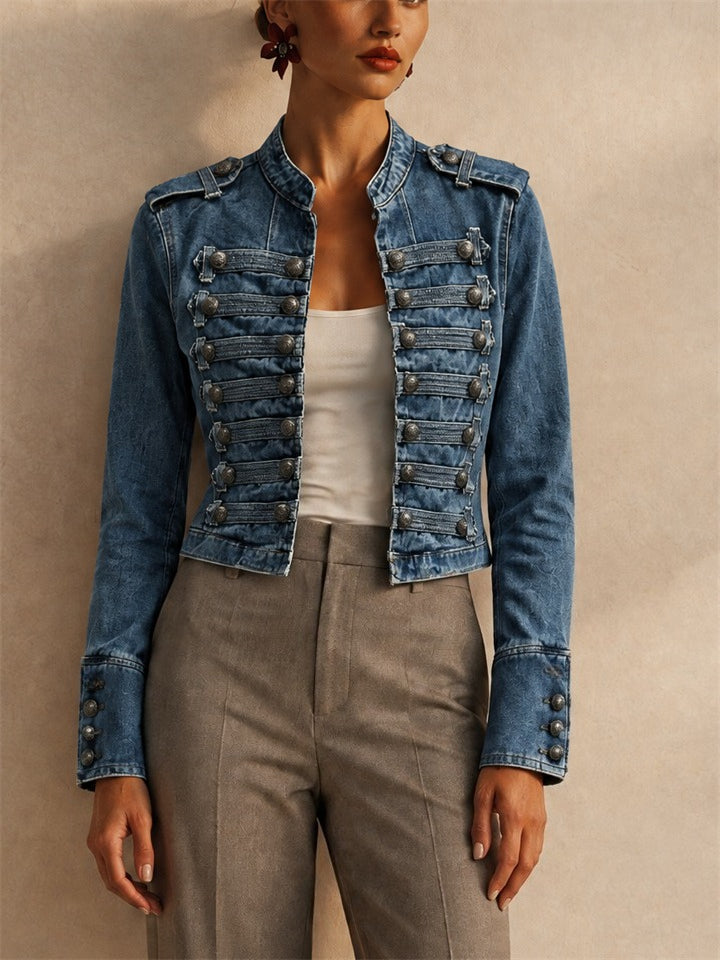 Women Chic Military Style Denim Jacket Slim Fit Cropped Coat