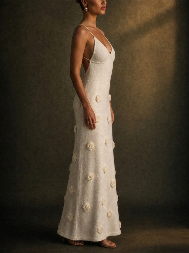 Women 3D Floral Backless Knitted Vacation Maxi Dress