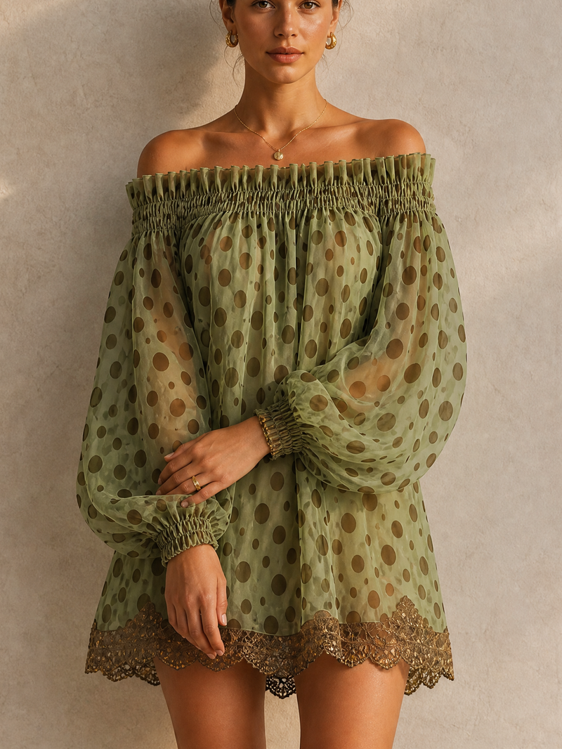 Women's Lantern Sleeve Polka Dot Off Shoulder Lace Trim Mini Dress