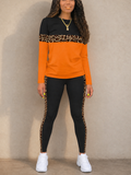 Women 2 Piece Leopard Color Block Long Sleeve Leggings Set
