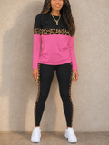 Women 2 Piece Leopard Color Block Long Sleeve Leggings Set