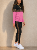 Women 2 Piece Leopard Color Block Long Sleeve Leggings Set
