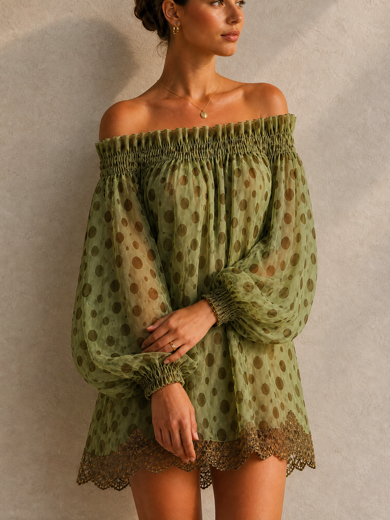 Women's Lantern Sleeve Polka Dot Off Shoulder Lace Trim Mini Dress