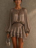Women's Sweet Style Metallic Pleated Tiered Ruffle Mini Dress