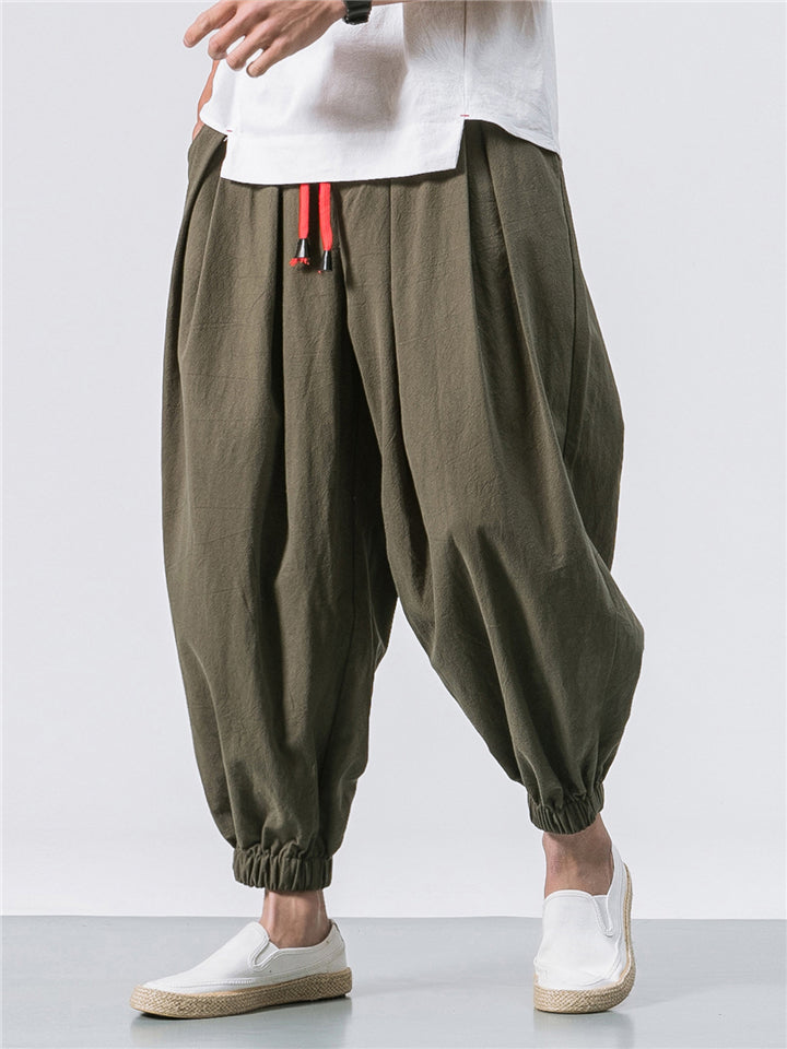 Vintage Japanese Street Style Drawstring Linen Pants for Men