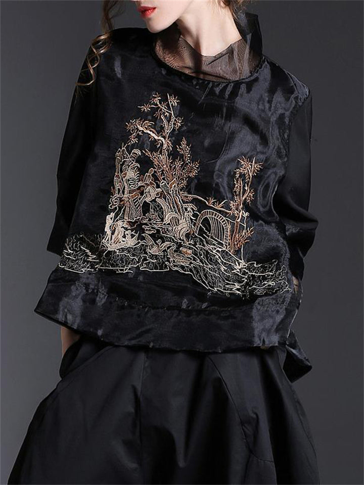 Women's Stand Collar Loose Embroidery Shirts