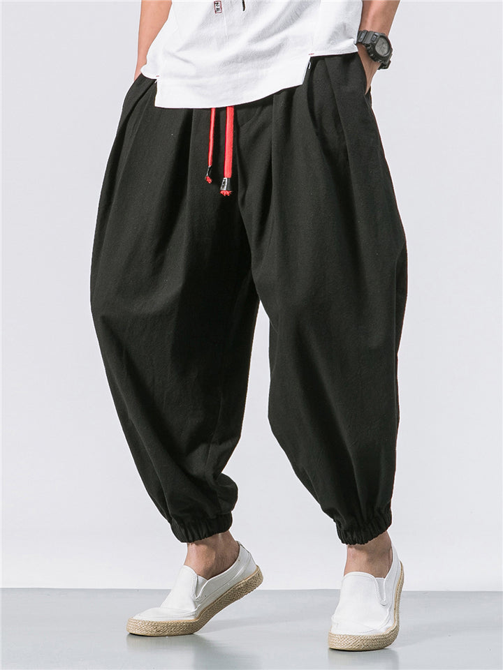Vintage Japanese Street Style Drawstring Linen Pants for Men