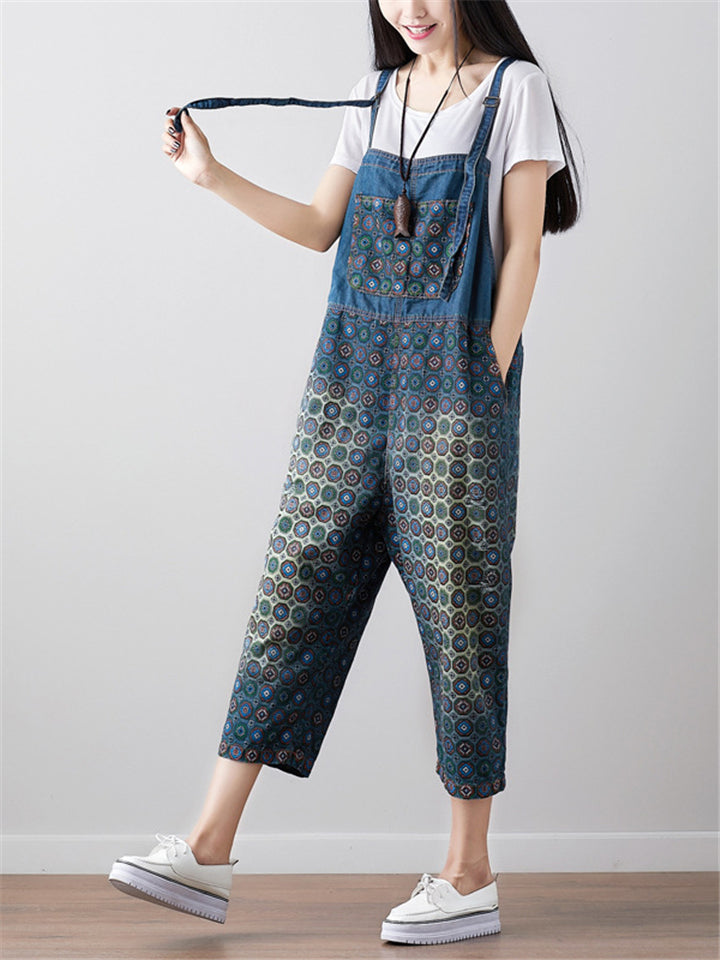 Loose Adjustable Printed Jumpsuits With Pocket