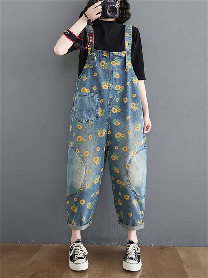 New Spring Female Plus Size Flower Printed Denim Jumpsuits