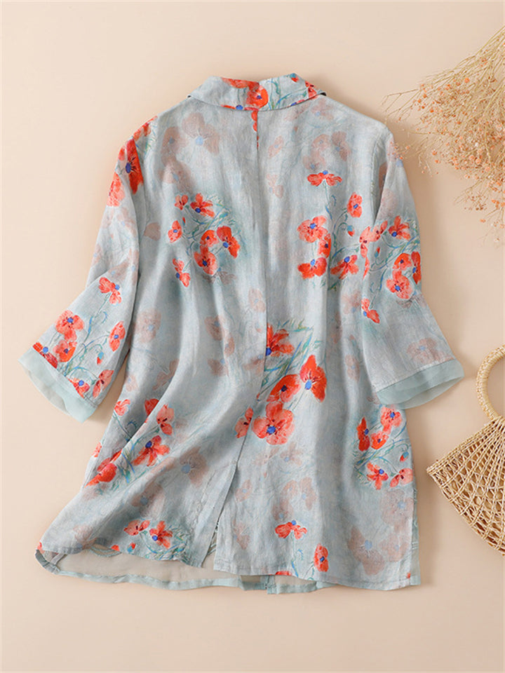 Retro Printed Cotton Linen Jackets Coat