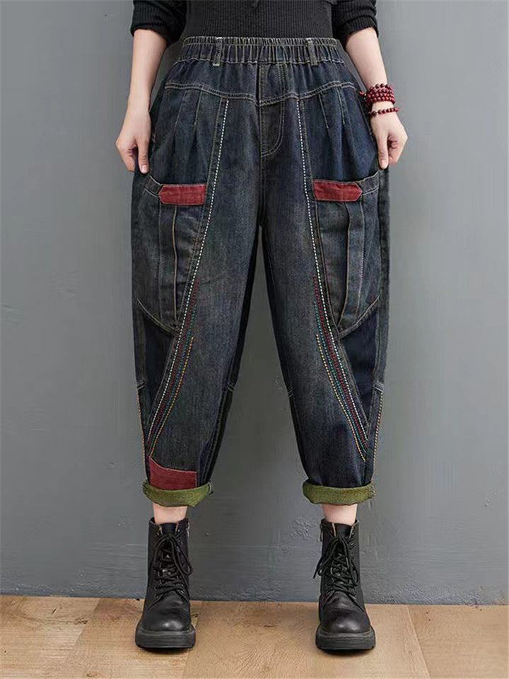 Retro Patchwork Design Slim Harem Pants