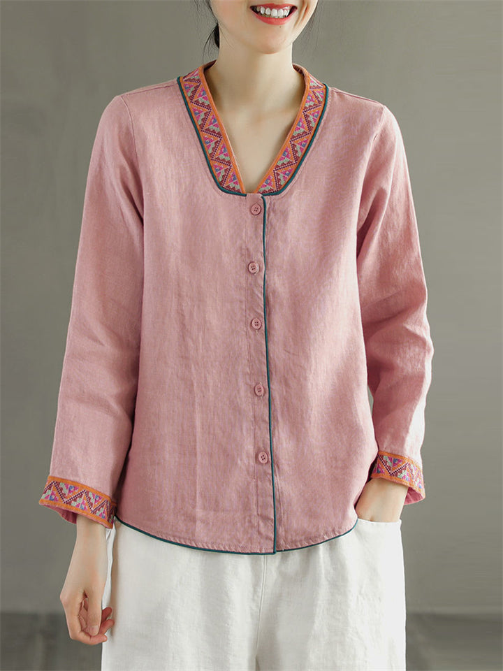 Cotton Linen Long Sleeve Stitchwork Literary Women's Shirts
