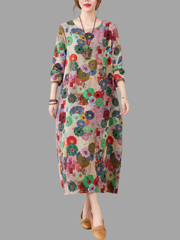 Cotton Linen Loose Printed Dresses For Women
