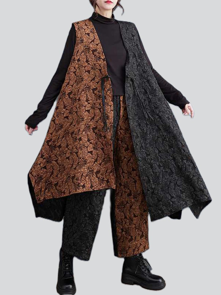 Chic Jacquard Irregular Hem Vest & Straight-Leg Pants