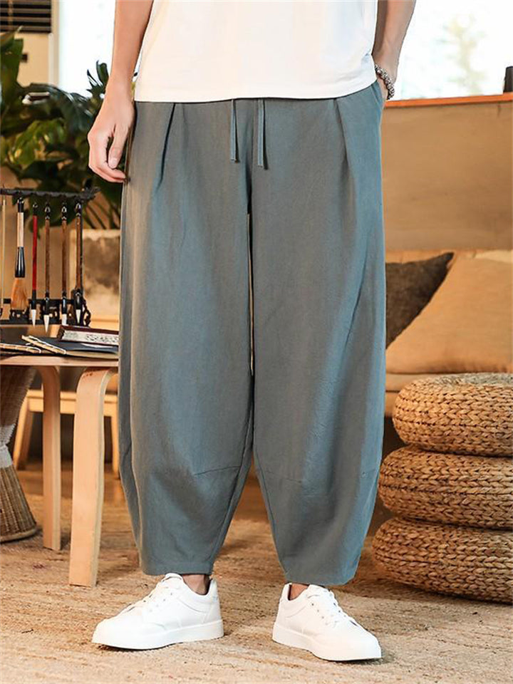 Solid Loose Cotton Linen Plus Size Pants For Men